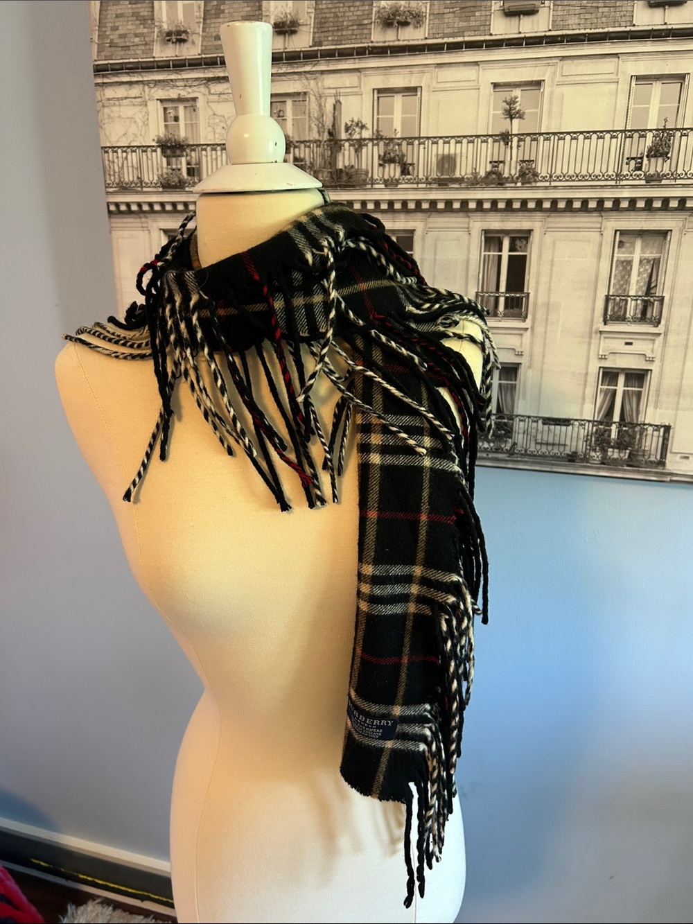 Burberry Black Plaid Fringe cashmere Scarf with Red & Cream Accents